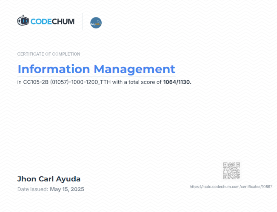 CodeChum Information Management certificate