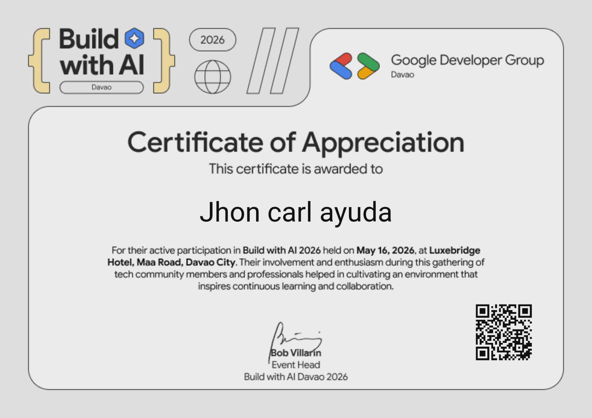 Build with AI 2026 Certificate of Appreciation