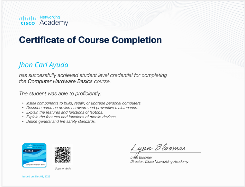 Cisco Computer Hardware Basics certificate